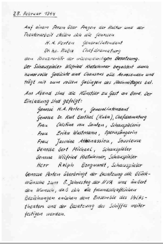 Handschriftliche Faksimileseite vom 28. Februar 1964 über ein Kulturforum an Bord und die Liste der als Gäste geladenen Schauspieler und Sänger des Volkstheaters