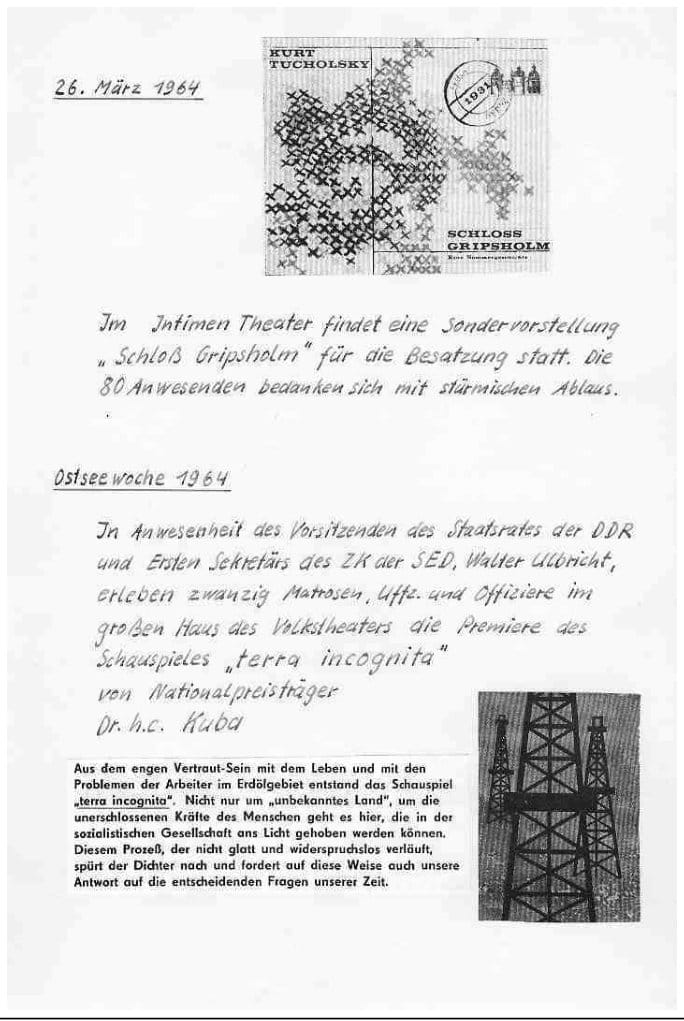 Faksimileseite mit aufgeklebtem Buchumschlag „Schloß Gripsholm“, handschriftlichen Einträgen zur Ostseewoche 1964 und einem Zeitungsausschnitt mit Bohrtürmen zum Schauspiel „terra incognita“
