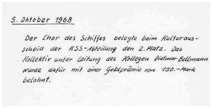 Handschriftliche Faksimileseite vom 5. Oktober 1968 über den zweiten Platz des Schiffschores beim Kulturausscheid der KSS-Abteilung und die Geldprämie von 150 Mark