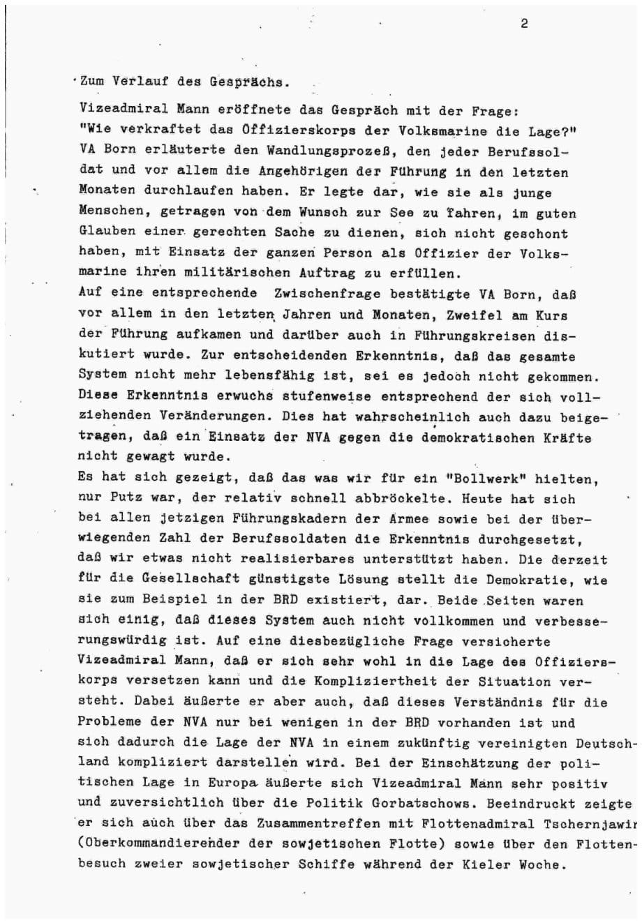 Zweite Seite des maschinengeschriebenen Gedächtnisprotokolls über den Verlauf des Gesprächs zur Lage des Offizierskorps der Volksmarine