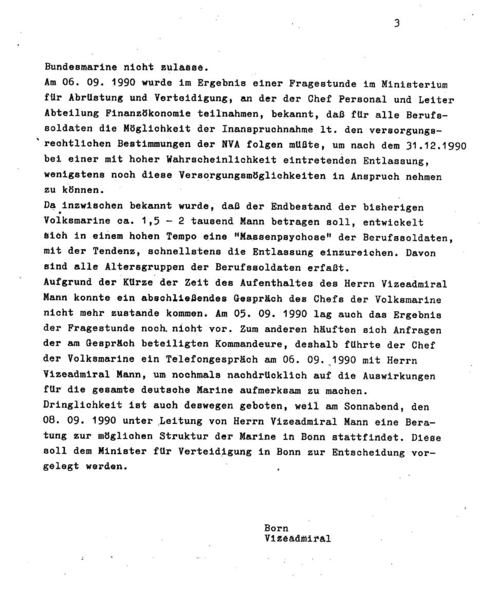 Dritte und letzte Seite der Aktennotiz über die Versorgungsfragen der Berufssoldaten, unterzeichnet mit „Born, Vizeadmiral“