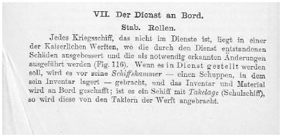 Faksimile des Abschnittsanfangs „VII. Der Dienst an Bord – Stab. Rollen.“ aus „Das Kleine Buch von der Marine“ von 1898