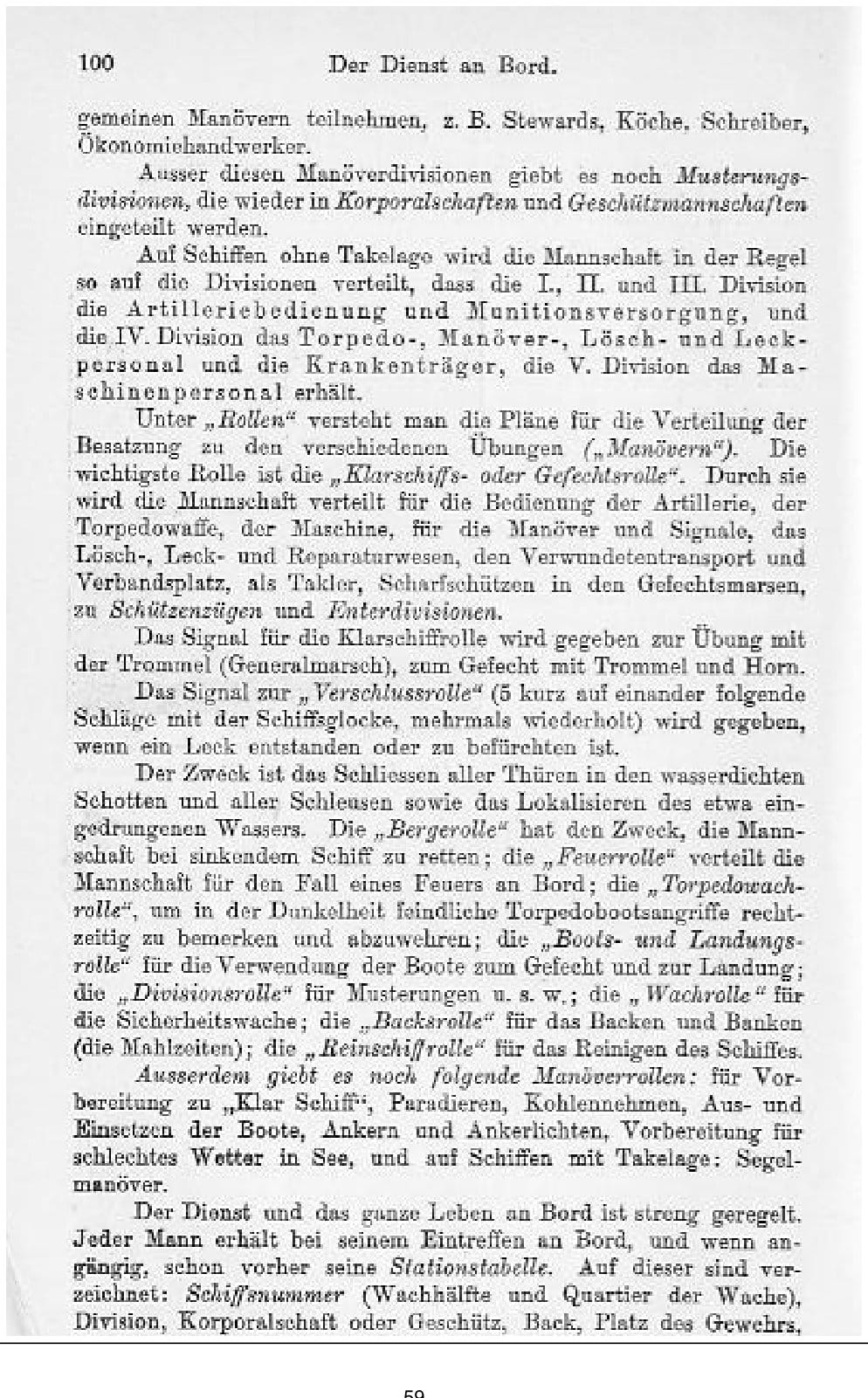 Faksimile der Buchseite 100 mit der Erläuterung der Musterungsdivisionen und der verschiedenen Rollen von der Klarschiffrolle bis zur Reinschiffrolle
