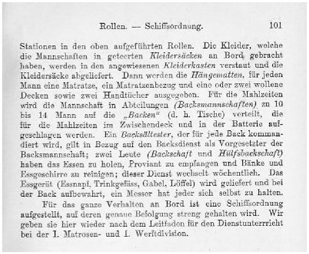 Faksimile der Buchseite 101 über Kleidersäcke, Hängematten, Backsmannschaften und die Schiffsordnung an Bord der Kaiserlichen Marine