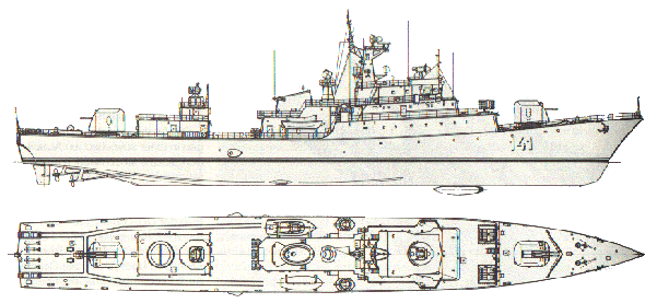 Seitenriss und Draufsicht Projekt 1159, Koni-Klasse, mit Bordnummer 141 („Rostock“)